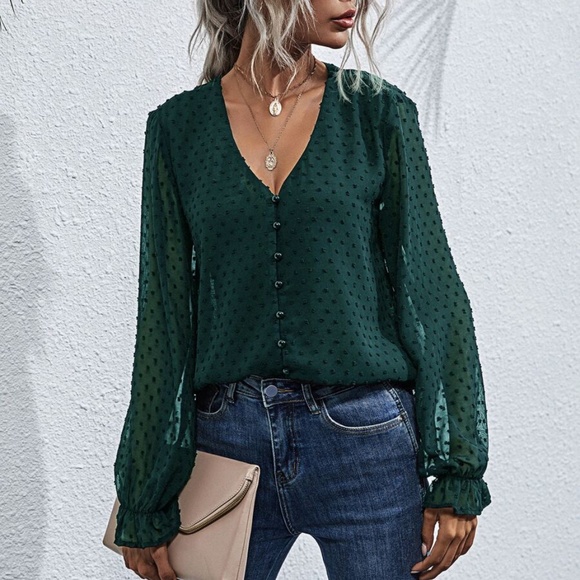 polka dot v neck button chiffon long sleeve top - Picture 2 of 11